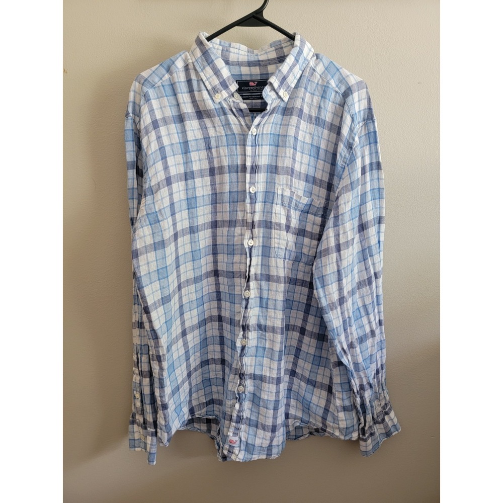 Vineyard Vines Men's Large Classic Fit Murray Shirt Blue L/S Linen Plaid Preppy